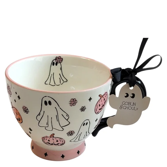 NWT Pink Pastel Ghost Halloween Mug Goblin & Ghoul Ceramic Coffee Cup Summerween - Picture 9 of 16